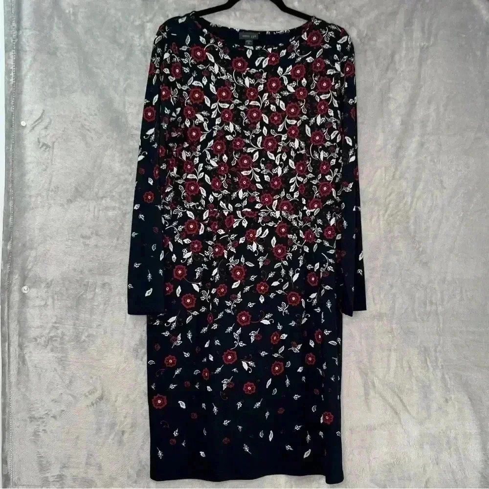 J Jill Dress Size M Tall Women's Red Black White Floral Jersey Knit Long Sleeves